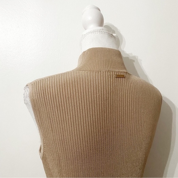 Marciano CAMEL TAN RIBBED STRETCH MOCK NECK SLEEVELESS BODYCON DRESS - Picture 6 of 9